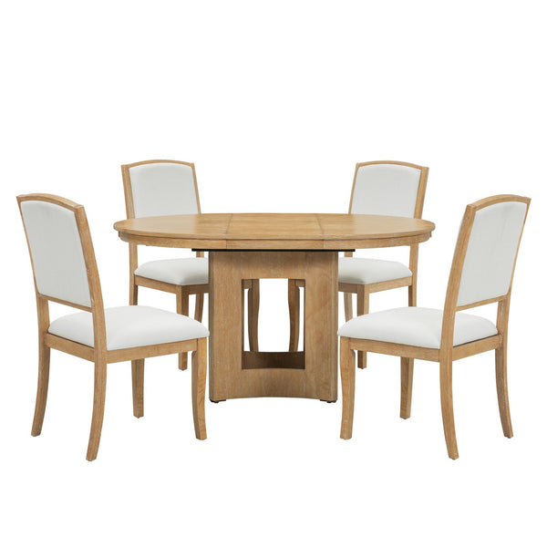 English Elm TOPMAX Solid Wood Extendable Round Dining Set for Small Spaces with 16" Removable Leaf and Cushioned Chairs Natural+Beige SP000091AAN