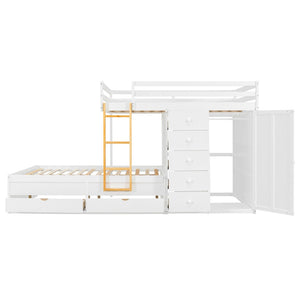 English Elm Full Size Bunk Bed with Integrated Drawers Wardrobe Mdf Solid Wood Kids Storage White LT000463AAK