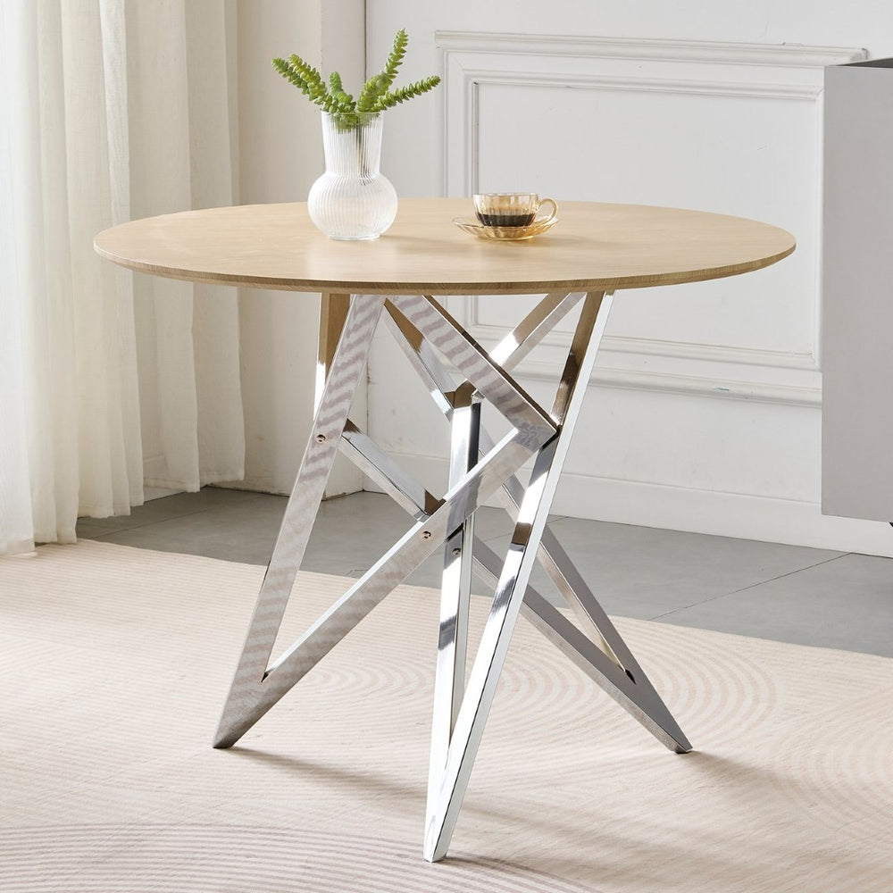 English Elm 37inch Round Dining Table Warm Wood Grain Top Silver Tripod Base Seats Four W3357P395501