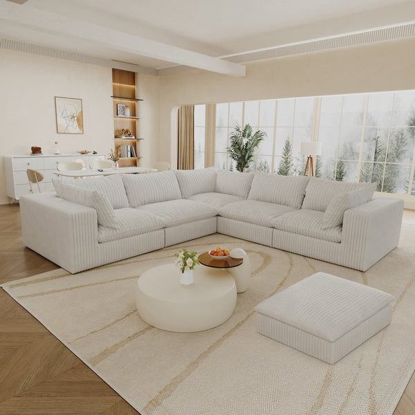 English Elm 118.2" Modular Cloud Sofa Corduroy Upholstered Deep Seat Lounge for Living Room White W2824S00161