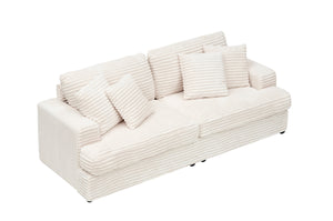 English Elm 88.58" corduroy 3-seater sofa with 4 matching throw pillows, sturdy wood frame, modern luxe comfort White W3356S00004
