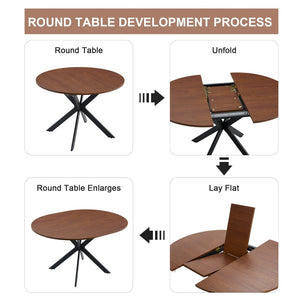 English Elm Extendable Round Dining Table Walnut Grain Top Matte Black Base Seats 4 to 6 W3875S00001