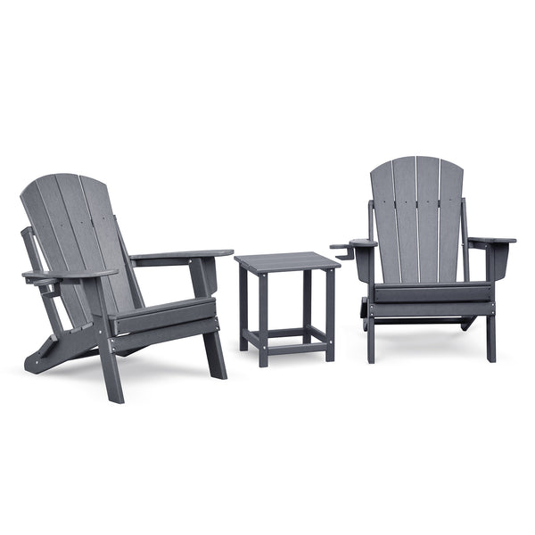 English Elm Folding HDPE Adirondack Chair Set with Side Table, All-Weather Foldable Patio Seating, Ergonomic Comfort Grey W1889P408657
