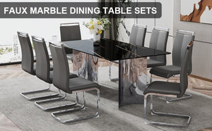 English Elm Table With Glass Top & 8 Dark Gray Pu Chairs - Modern Marble Pattern Design & Stainless Steel Legs W1151S02604-GIGA