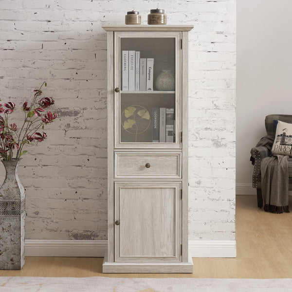 English Elm Modern Glass Storage Cabinet with Drawer & Shelves — Tall Curio Sideboard for Living, Dining, Office Elegance White W1758P294625