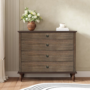 English Elm Large Antique Style 4-drawer Chest with Crown Molding Roman Legs Bedroom Storage Deep Rustic Brown W1445P422422