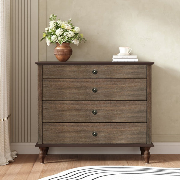 English Elm Large Antique Style 4-drawer Chest with Crown Molding Roman Legs Bedroom Storage Deep Rustic Brown W1445P422422