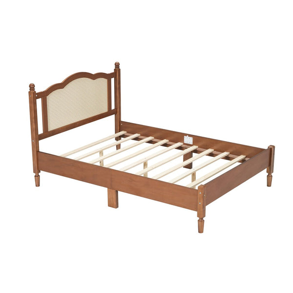 English Elm Full Size Walnut Platform Bed with Arched Rattan Headboard for Coastal Bohemian Rooms N733P180014D
