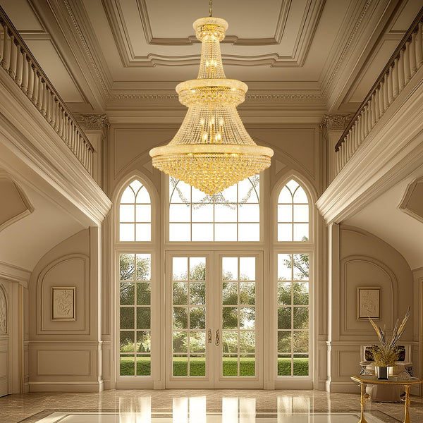 English Elm Luxury Gold Crystal Chandelier 42" 3-Tier Empire with 36 E12 Lights, 480+ K9 Crystals, Hand-Strung Elegance W2869S00003