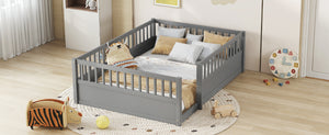 English Elm Full Montessori Floor Bed Frame with Fence for Kids — Pine Play & Reading Space, Sturdy Low Profile Gray W1580P307886
