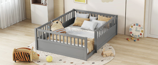 English Elm Full Montessori Floor Bed Frame with Fence for Kids — Pine Play & Reading Space, Sturdy Low Profile Gray W1580P307886