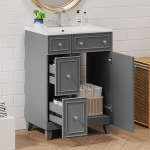 English Elm 24" Gray Bathroom Vanity Cabinet with Ceramic Sink, Soft-Close Door, 2 Drawers, Smart Storage, Durable Design N729P264336E