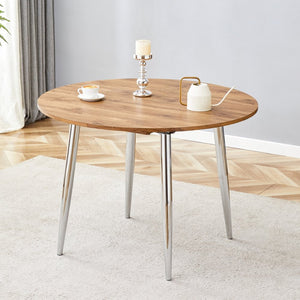 English Elm With Retractable Leaf Round Oval Mdf Top and Sleek Metal Legs Modern Dining Table Silver,Wood W1151S03944