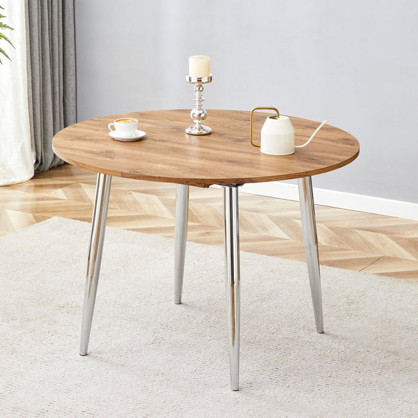 English Elm With Retractable Leaf Round Oval Mdf Top and Sleek Metal Legs Modern Dining Table Silver,Wood W1151S03944