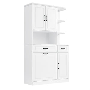 English Elm Tall Freestanding Organizer Cabinet with Tilt-Out Hamper, 2 Drawers, Adjustable Shelves, Modern White MDF Storage N725S352451K