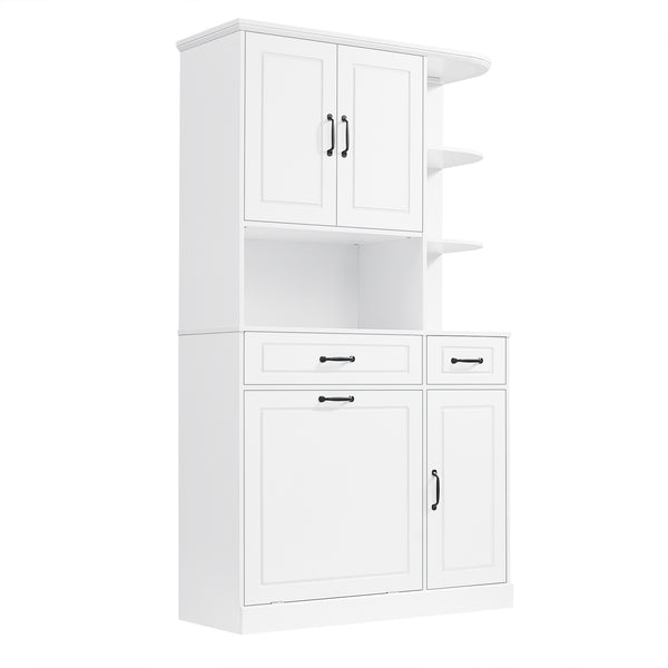 English Elm Tall Freestanding Organizer Cabinet with Tilt-Out Hamper, 2 Drawers, Adjustable Shelves, Modern White MDF Storage N725S352451K