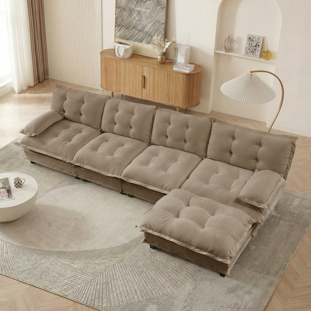English Elm 138" Chenille Modular Cloud Sectional with Ottoman Deep Seat Lounge Sofa for Apartments Light Coffee W714S01715