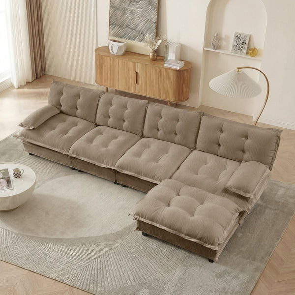 English Elm 138" Chenille Modular Cloud Sectional with Ottoman Deep Seat Lounge Sofa for Apartments Light Coffee W714S01715