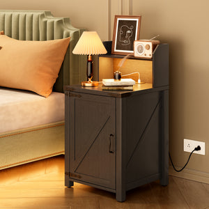 English Elm OKD Farmhouse Nightstand with Built-In Charging Station, Barn Door Accent, Adjustable Storage Shelf and Sturdy Frame Black W1550P311285