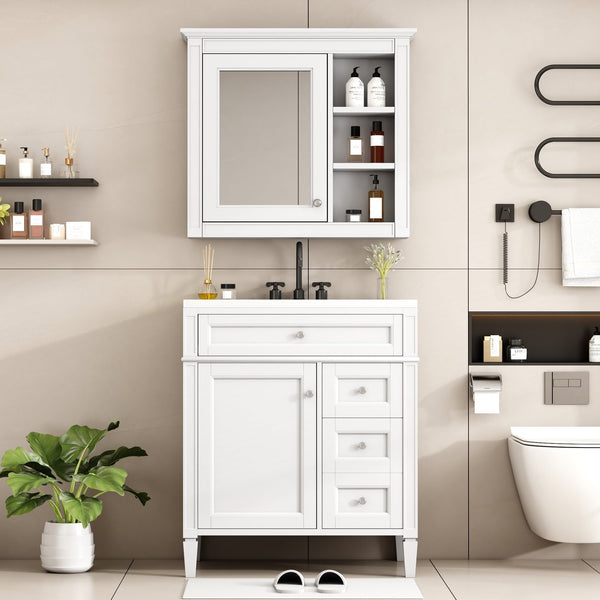 English Elm 30'' Bathroom Vanity Set With Sink, Modern Storage Cabinet, Mirror & 3 Drawers For Efficient Organization SW000127AAK-3
