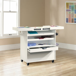 English Elm Traditional White Craft Cart with Slide Out Worktop Drawers and Rolling Storage B356P402721
