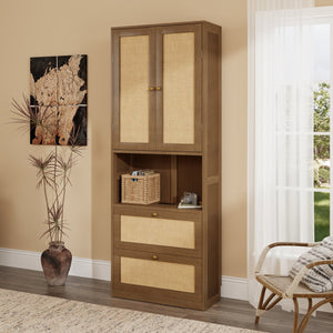 English Elm 2 Door Bookshelf with USB Port and 3 Drawers — Compact Pine-MDF Storage Cabinet for Living Room Walnut 80.1 L x 17.65 W x 6.3 H N701P245551D