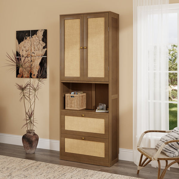 English Elm 2 Door Bookshelf with USB Port and 3 Drawers — Compact Pine-MDF Storage Cabinet for Living Room Walnut 80.1 L x 17.65 W x 6.3 H N701P245551D