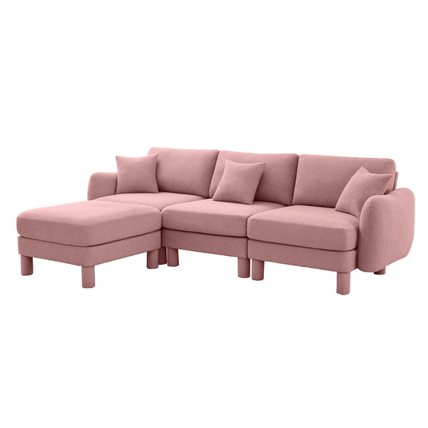 English Elm Boucle Fabric L-Shaped Sectional Sofa With Shell Armrests & Removable Ottoman In Soft Pink Elegance W3041S00293