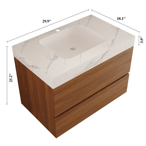 English Elm 29.9" Floating Bathroom Vanity Sintered Stone Top Soft Close Drawers Bronze Gold Hardware W3136S00041