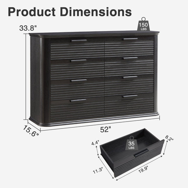 English Elm Fluted Wave Panel 7 Drawer Mdf Dresser Modern Bedroom Storage with Tv Stand Top Black Woodgrain T5326P425098