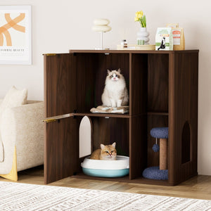 English Elm 31.5-inch Grooved Wood Cat Litter Cabinet with Integrated Tree Mid-century Pet Furniture Walnut W1162P407684