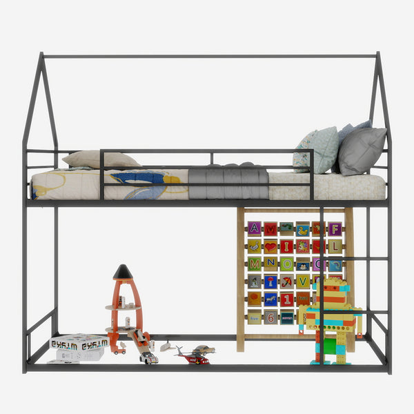 English Elm Metal Twin over Twin Bunk Bed Sturdy Heavy-Duty Frame with Silent Slats, 13" Guardrail & Ladder Black W1935P330797