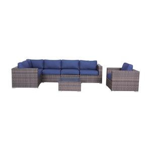English Elm Luxury 7-Piece Assembled Rattan Patio Sectional with Navy Cushions, HDPE Wicker, Aluminum Frame, Ready-to-Use B120S00215