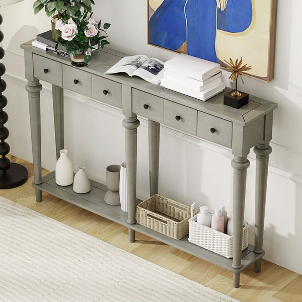 English Elm Trexm Vintage Console Table Four Drawers Pine Veneer Grey Wash Entryway Storage N715P202860E