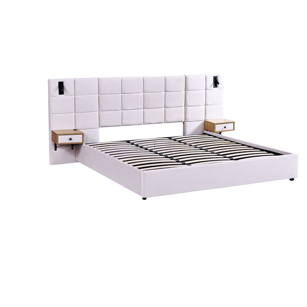 English Elm King Size Velvet Upholstered Hydraulic Platform Bed With Storage, Usb Port, Lamps & Shelves - Beige W1413S00107