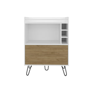 English Elm Tori 42" Tall One-Door Bar Cabinet with 3 Cubbies, 3 Shelves, Prep Surface & Rail, White Oak Chic B200P286936