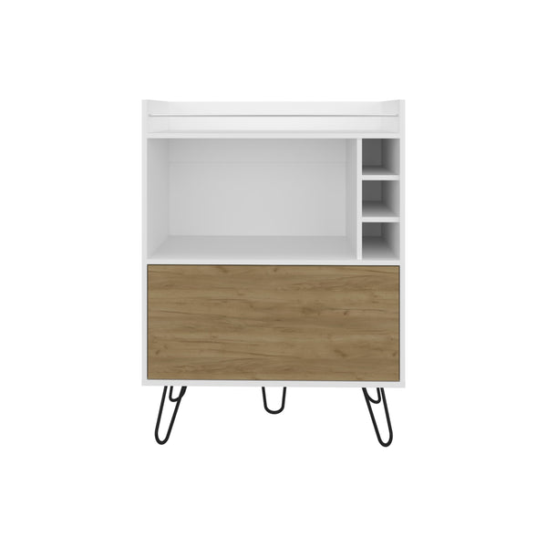 English Elm Tori 42" Tall One-Door Bar Cabinet with 3 Cubbies, 3 Shelves, Prep Surface & Rail, White Oak Chic B200P286936