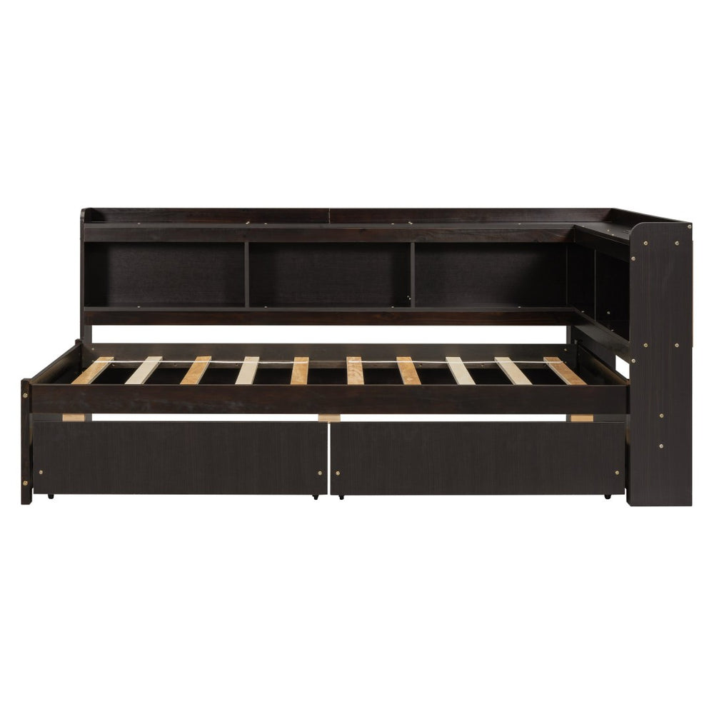 English Elm Twin Size L-Shaped Bookcase Bed With Usb Ports, 2 Drawers, Espresso Finish For Smart Storage Solutions W504S00219-GIGA