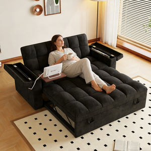 English Elm 65-inch Velvet Convertible Sleeper Sofa with Usb Port Storage Armrests Adjustable Back Black W2564S00114