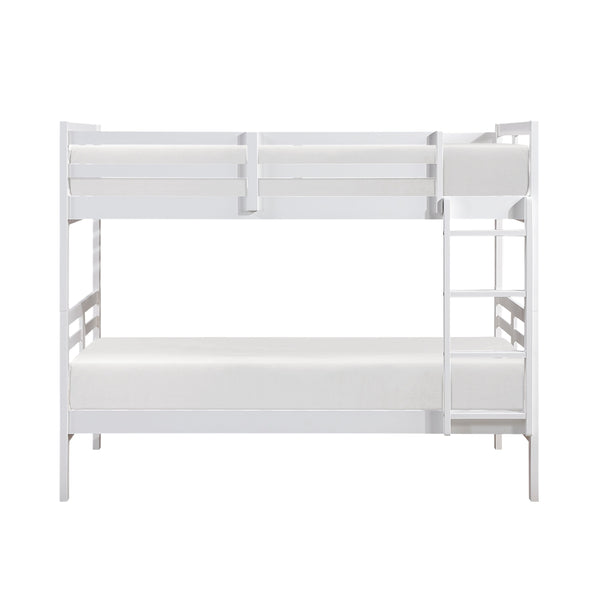 English Elm Twin Twin-over-Twin Bunk Bed with Guard Rails and Integrated Ladder, Oak-Veneer Durable Frame, Space-Saving Design White 44 L x 34.5 W x 7 H B011S01857