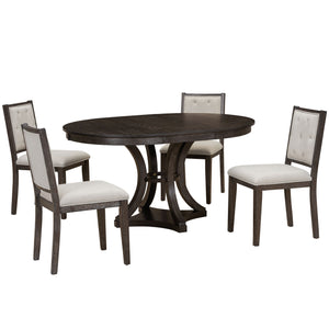 English Elm TREXM Retro 5-Piece Extendable Round-to-Oval Dining Set with Upholstered Chairs and Distressed Finish Espresso ST000144AAP