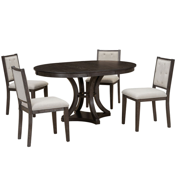 English Elm TREXM Retro 5-Piece Extendable Round-to-Oval Dining Set with Upholstered Chairs and Distressed Finish Espresso ST000144AAP