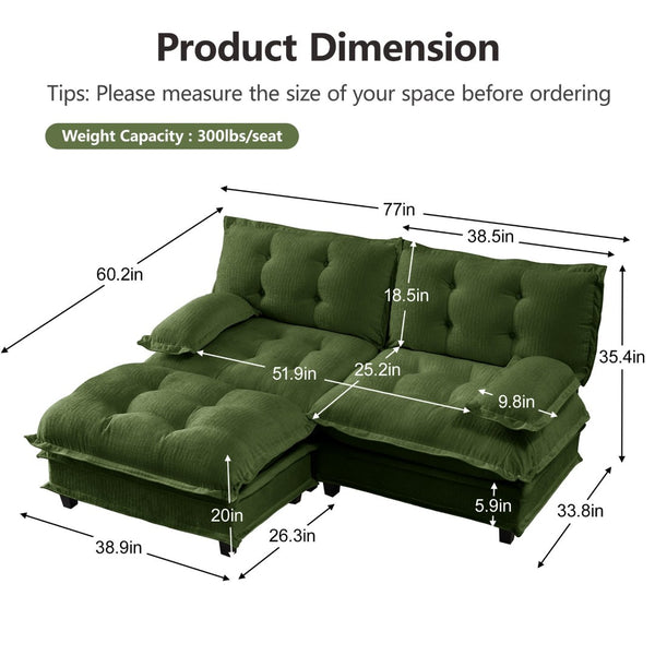 English Elm 77" L-shaped Chenille Cloud Sectional Sofa with Ottoman Deep Cushioned Modular Couch Green W714S01719