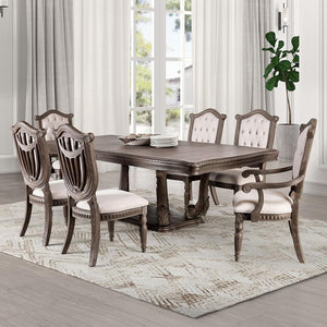 English Elm Vintage Luxury Dining Room Furniture Set - Weathered Oak 7-Piece Table & Beige Tufted Chairs B2741S00752-GIGA