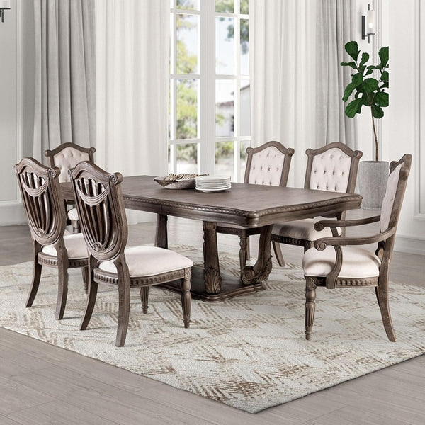 English Elm Vintage Luxury Dining Room Furniture Set - Weathered Oak 7-Piece Table & Beige Tufted Chairs B2741S00752-GIGA
