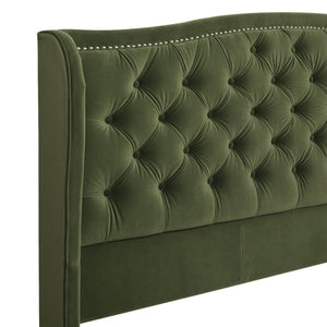 English Elm Jennifer Taylor Home - Marcella Upholstered Shelter Headboard Bed Set - King Size, Olive Green Velvet For Modern Luxury B2719P238229