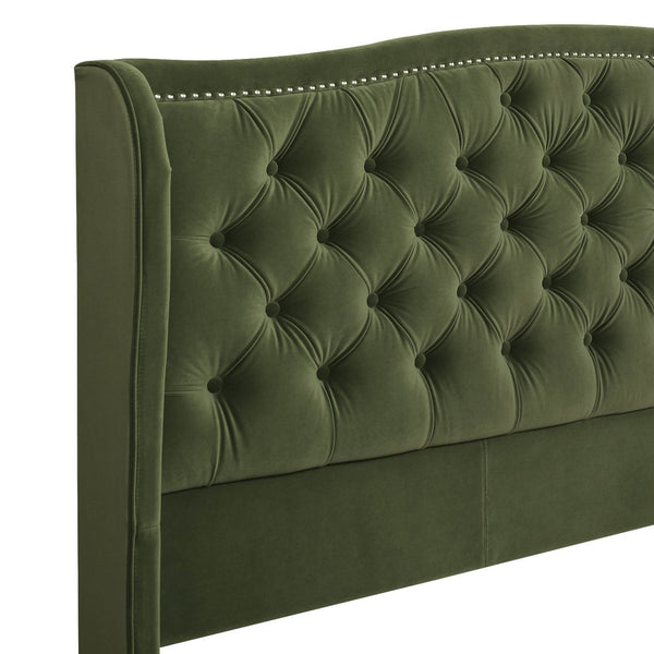 English Elm Jennifer Taylor Home - Marcella Upholstered Shelter Headboard Bed Set - King Size, Olive Green Velvet For Modern Luxury B2719P238229