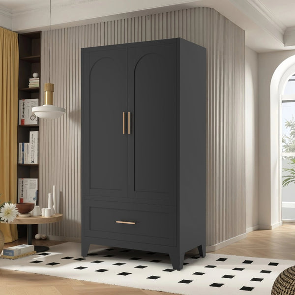 English Elm 60" Powder-coated Steel Wardrobe with Hanging Rod Drawer and Shelf for Slim Spaces W3387P396209