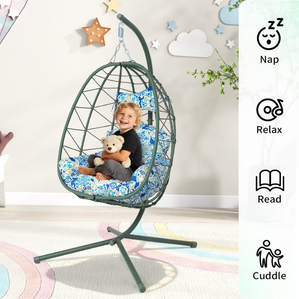 English Elm Hanging Egg Chair with Woven Pe Wicker Stand for Patio Balcony and Indoor Comfort T5880P497578