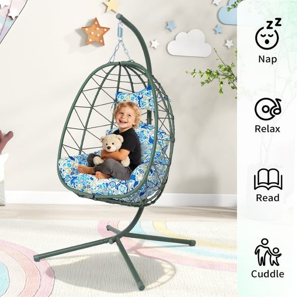 English Elm Hanging Egg Chair with Woven Pe Wicker Stand for Patio Balcony and Indoor Comfort T5880P497578